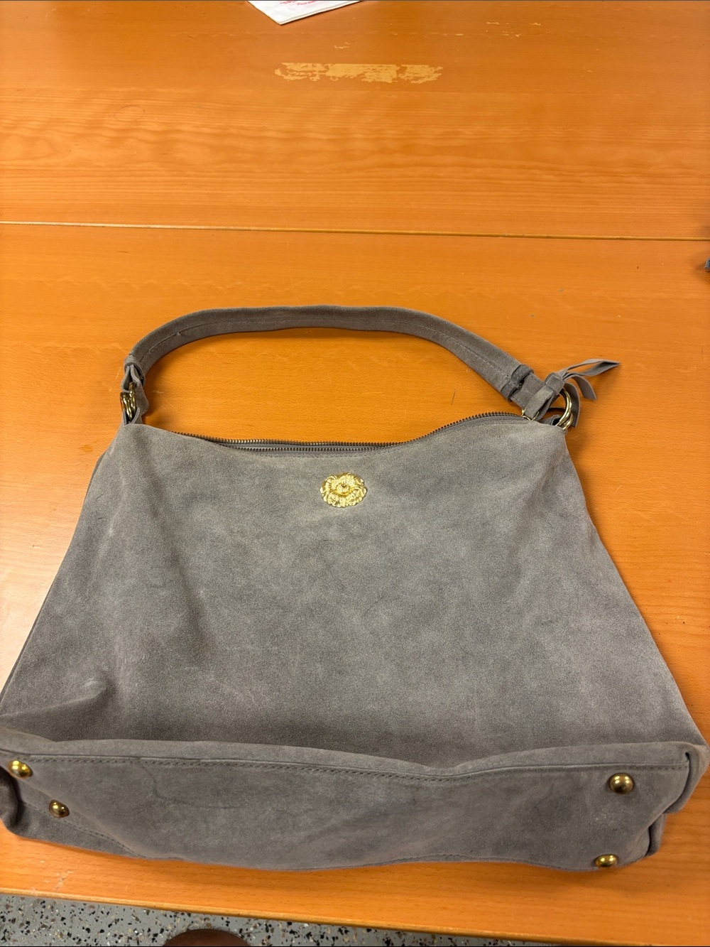 Gray Suede Shoulder Bag with Gold Accent